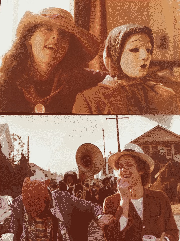 Top: Photograph of my mom wearing a Mardi Gras costume where she wore a mask on the back of her head, Bottom: The parade!