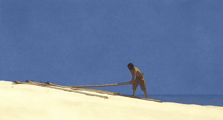 A person building something with bamboo, from The Red Turtle