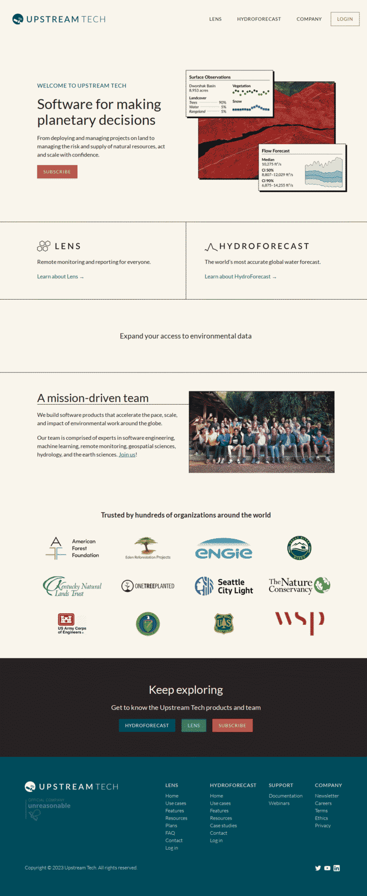 A screenshot of the Upstream Tech website as of 2023-08-11